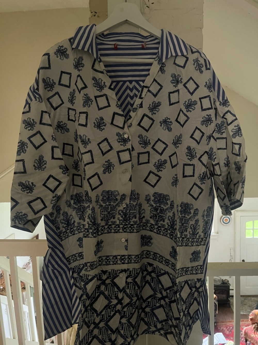 Blue and White Patterned Button-Up Tunic